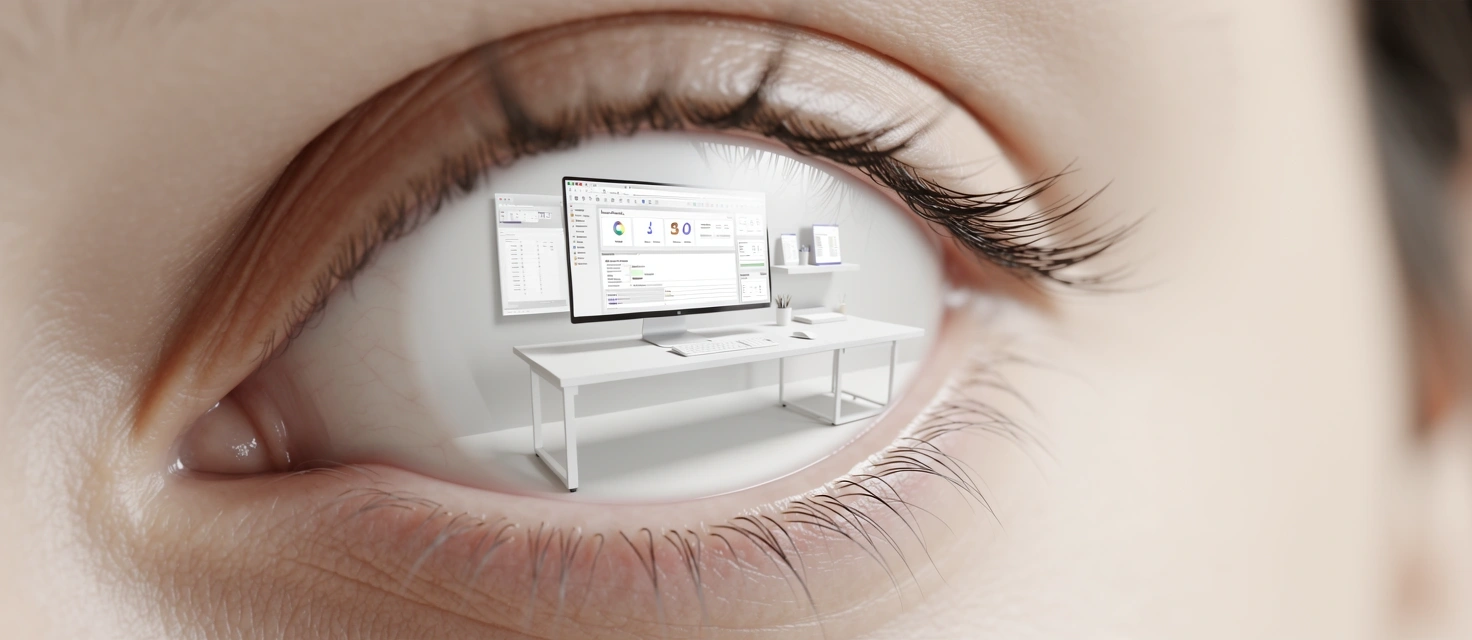 Nahaufnahme eines Auges mit Spiegelung eines ergonomischen Arbeitsplatzes